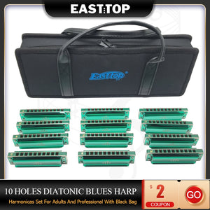 Easttop Pr020 10 Holes Diatonic Blues Harp Harmonica Mouth Organ Set